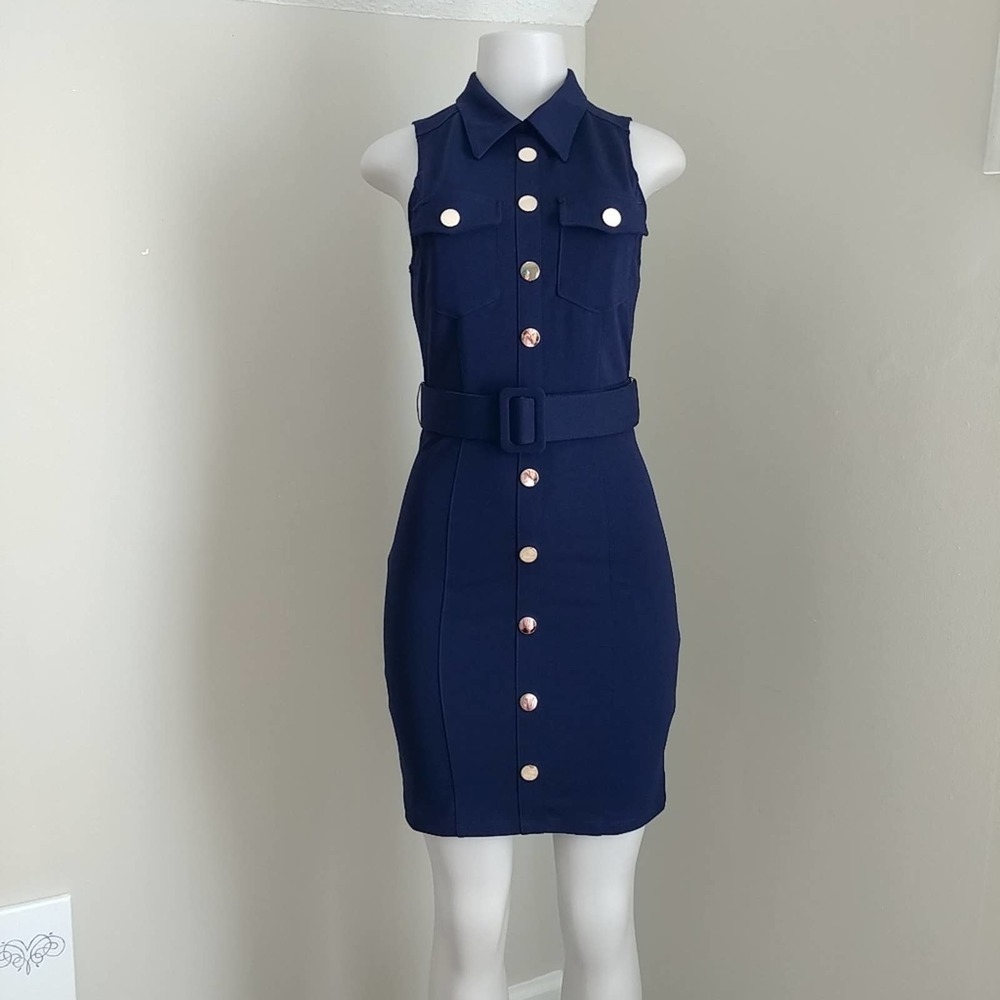 Dark Blue Gold Button Down Fitted Dress